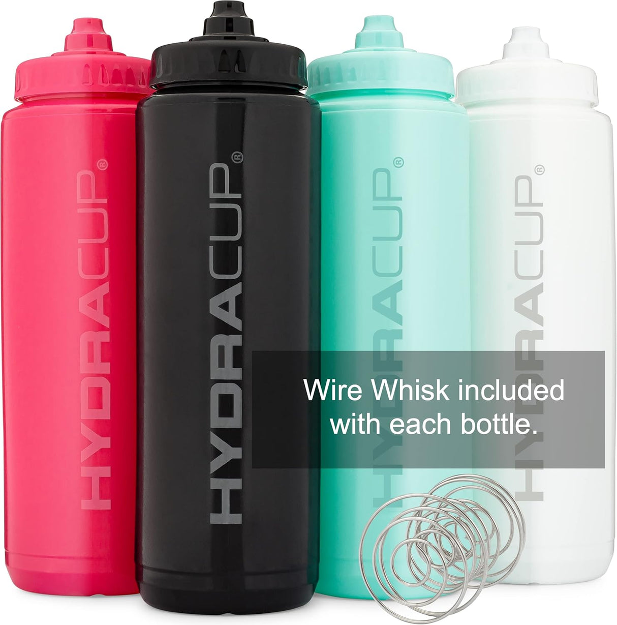 Hydra Cup - Paquete de 4 botellas de agua exprimibles de 32 onzas, sin BPA, para deportes, ciclismo, bicicleta, hidratación rápida por chorro, batidor de alambre incluido