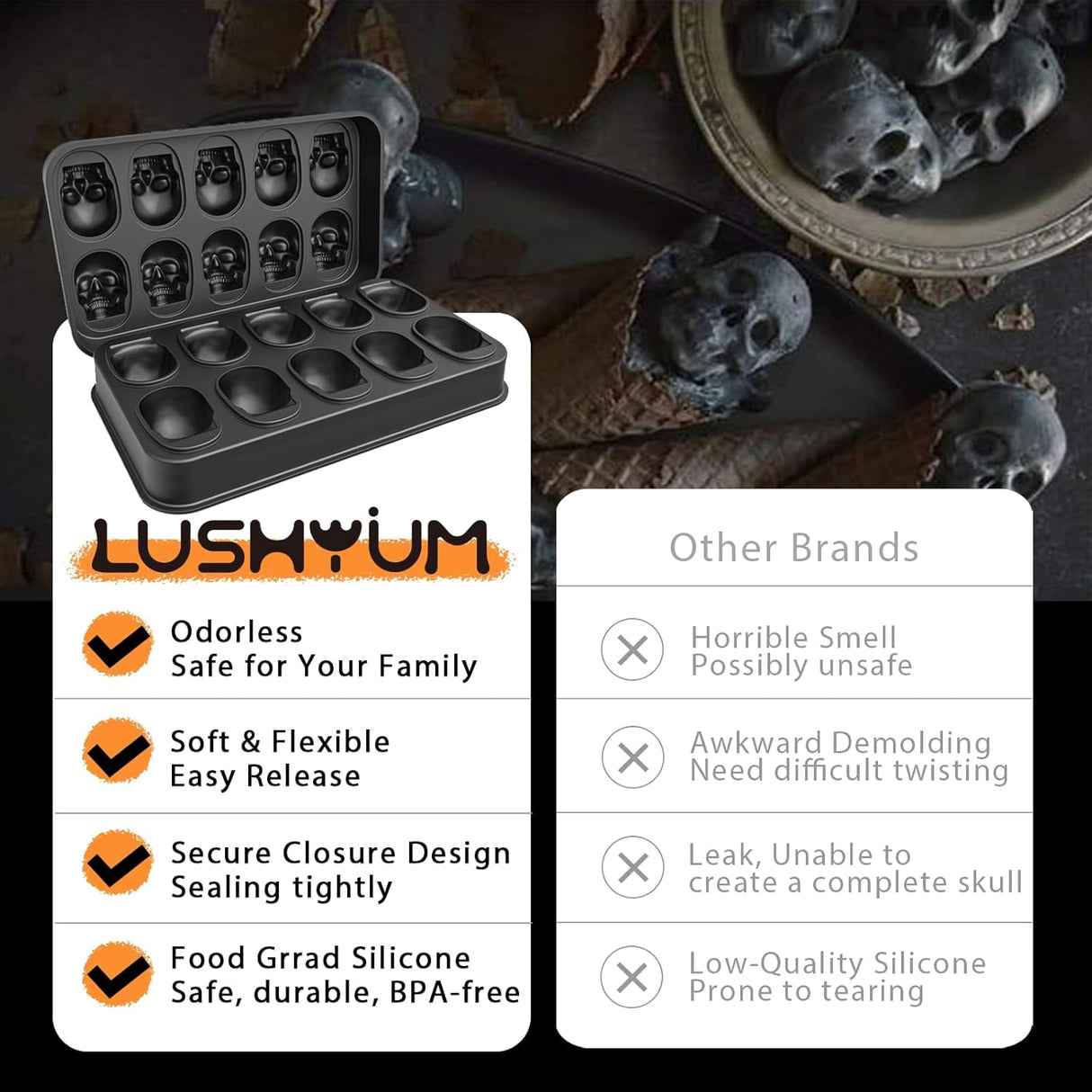 Molde de Hielo Calavera 3D, BPA-Free, 10 Cavidades, Halloween