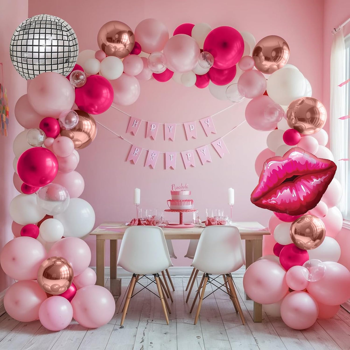Arco Decorativo para Fiesta con Globos y Bolas de Disco