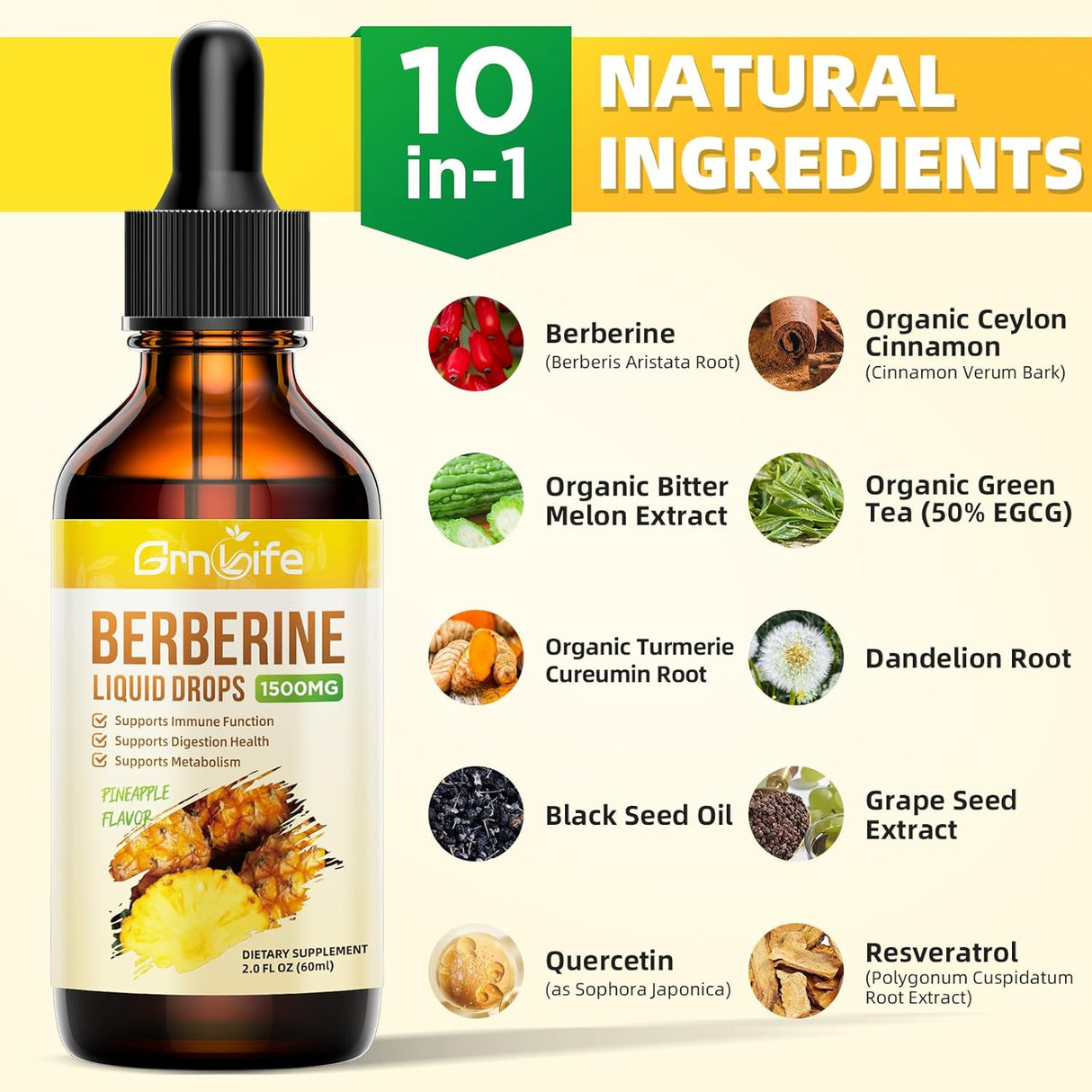 Suplemento de Berberina Orgánica 1500mg con Canela, Melón, 2oz