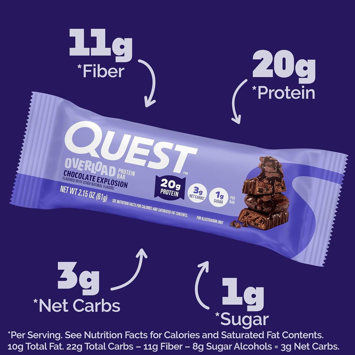 Barra proteica Quest Nutrition Overload, 20g proteína, 1g azúcar, 12 unidades