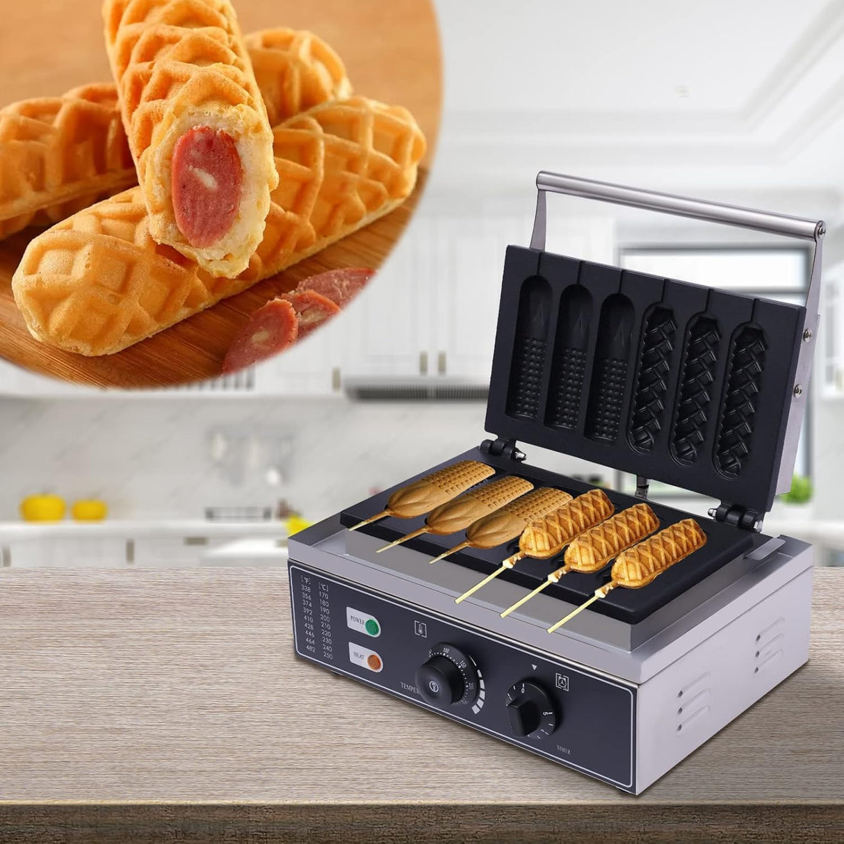 Máquina de Waffles Hotdog, 110V 1500W, 6PCS, Tipo 3