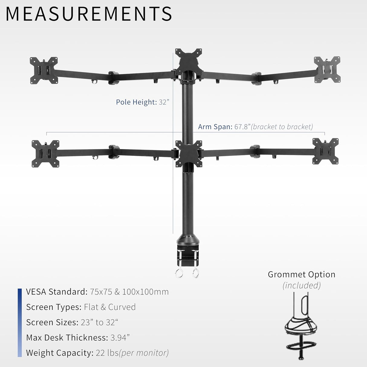 Soporte de Pantalla VIVO para 6 Monitores, Ajustable, STAND-V106A
