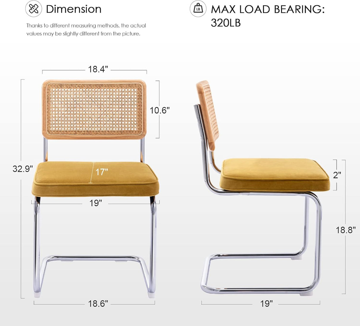 Zesthouse MId Century - Juego de 2 sillas de comedor modernas, sillas decorativas de terciopelo con respaldo de caña natural y base cromada inoxidable, sillas famosas de diseño Breuer, sillas de cocina tapizadas de ratán