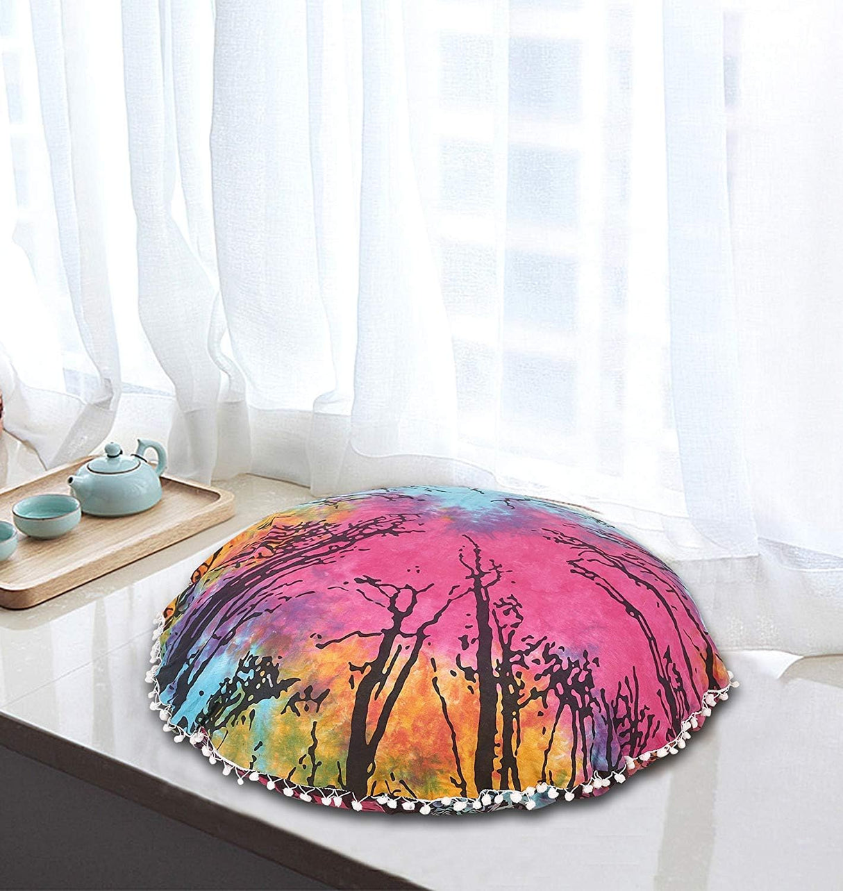 Funda bohemia para cojín, de 32 pulgadas, con diseño de mandala, para meditación, decorativa, otomana, grande, para exteriores, decoración del hogar, decoración de arte en el hogar, redonda, con pompones de algodón, cómoda