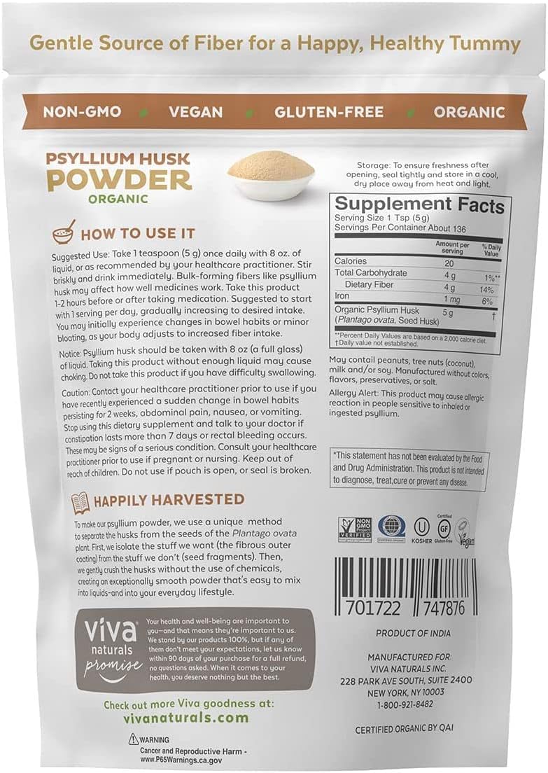 Polvo orgánico de cáscara de psyllium, Viva Naturals 24 onz