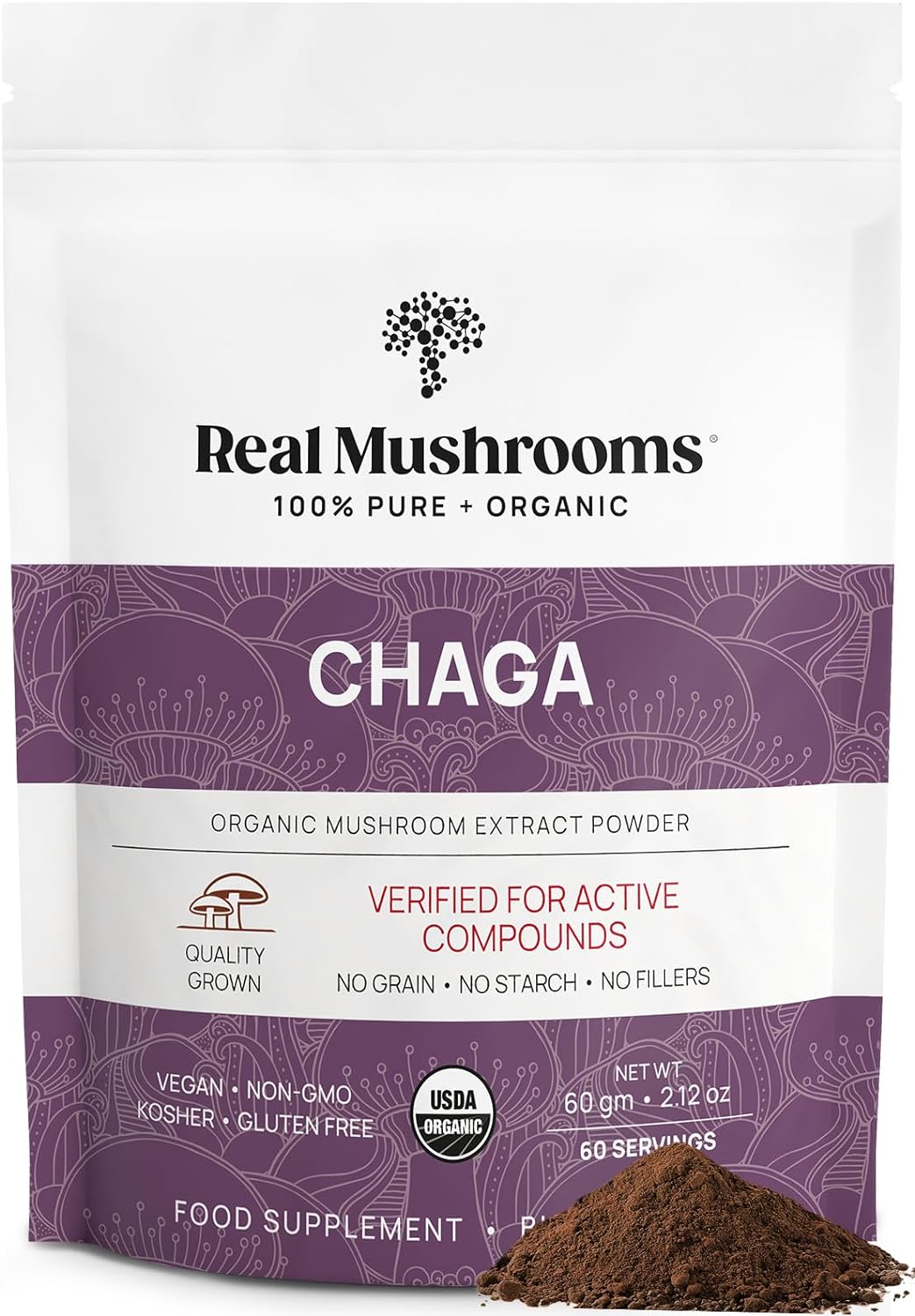 Polvo orgánico de champiñones Chaga para la salud digestiva e inmunológica