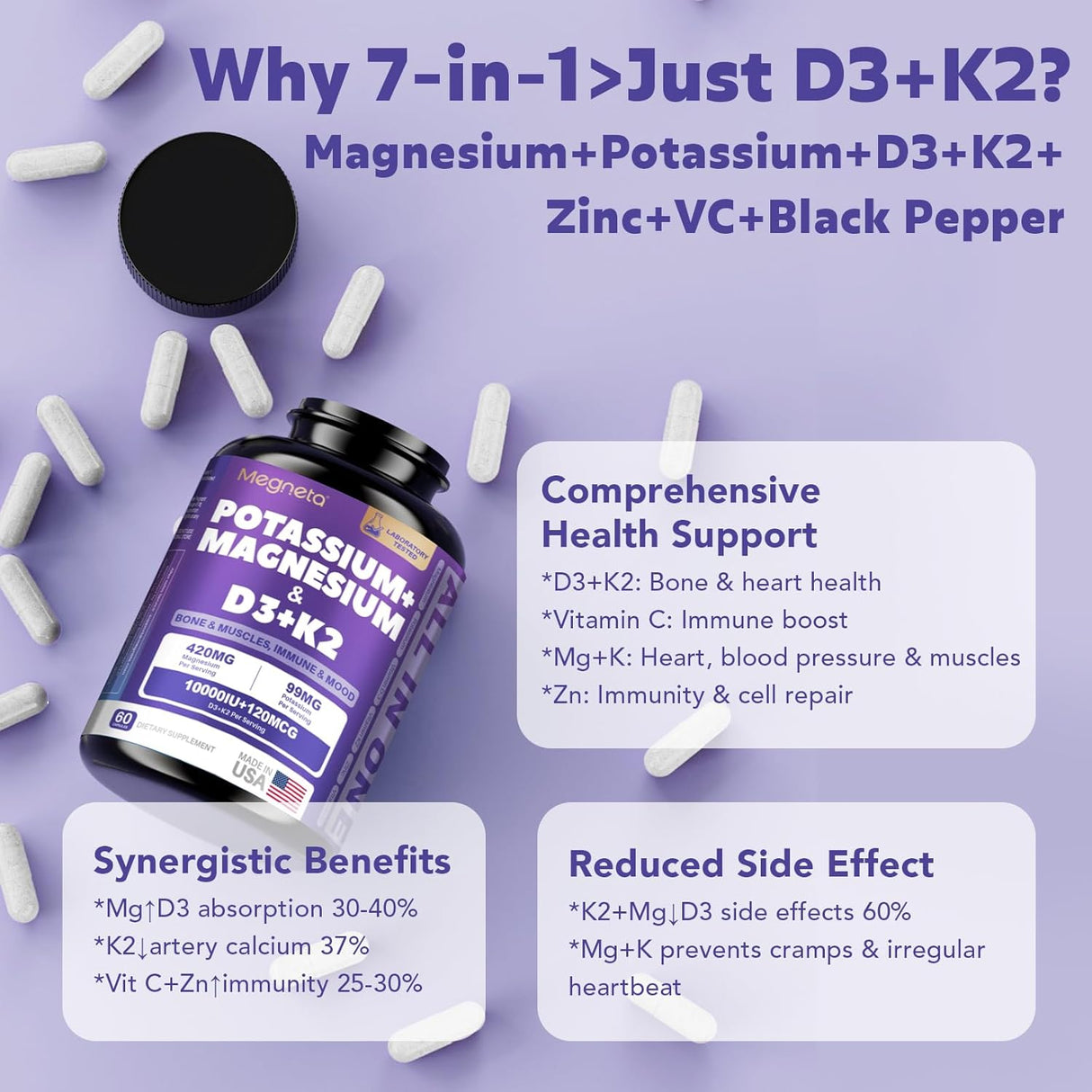 Suplemento Magnesio K2 Vitamina D3 10000IU, 60 cápsulas