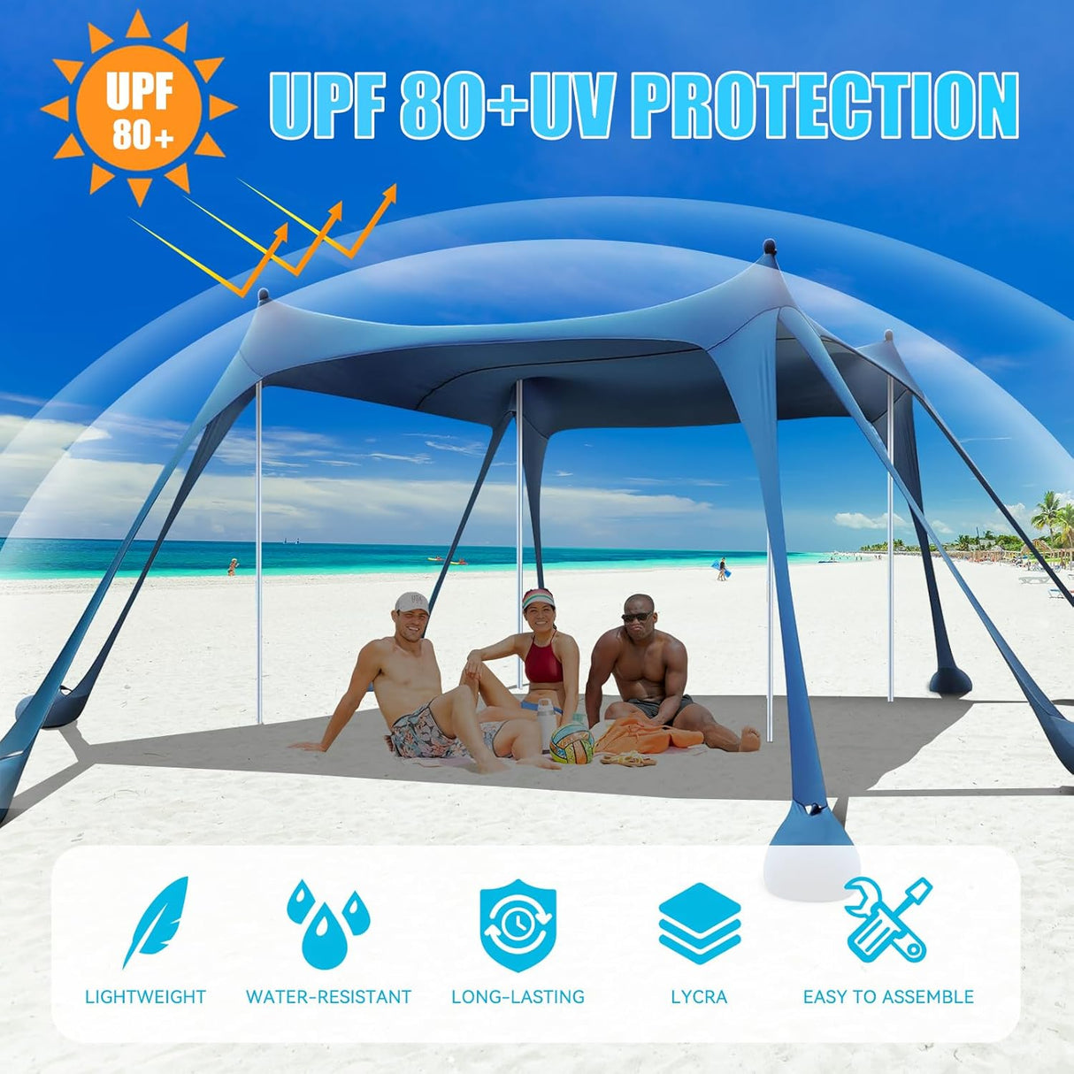 Tienda de playa portátil con protección UPF80+ y 4 postes