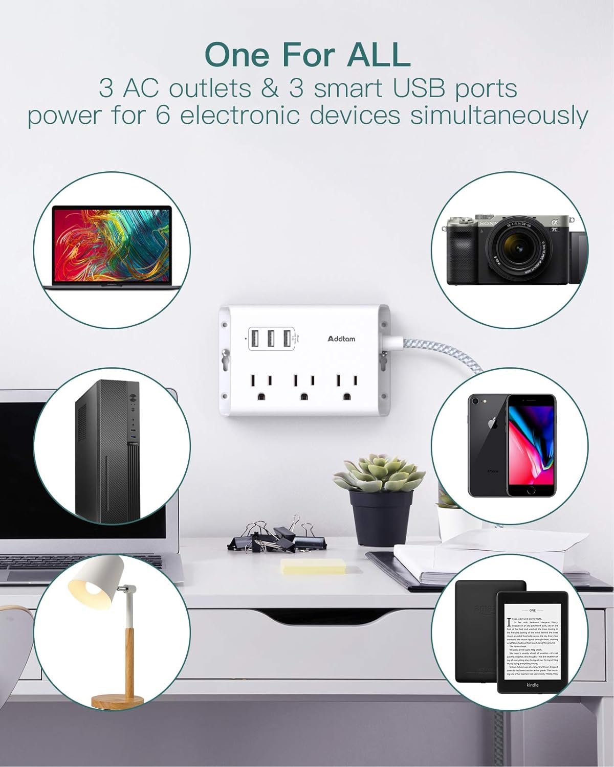 Regleta de alimentación con USB, cable de extensión de enchufe