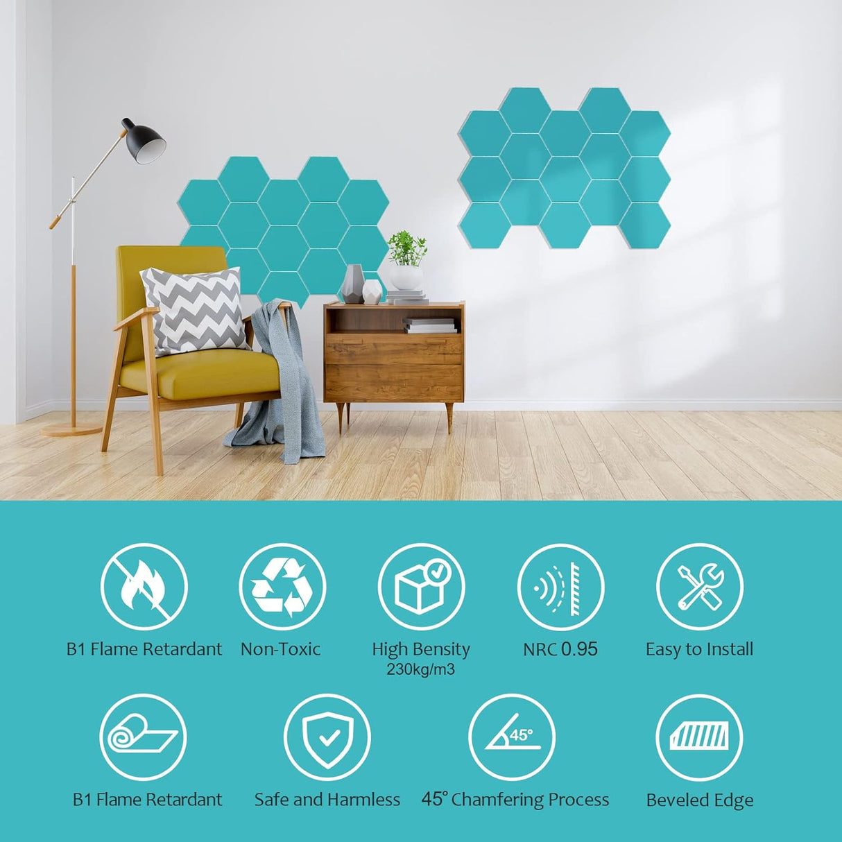 Paneles acústicos hexagonales, alta densidad, 18 piezas, 12 x 10