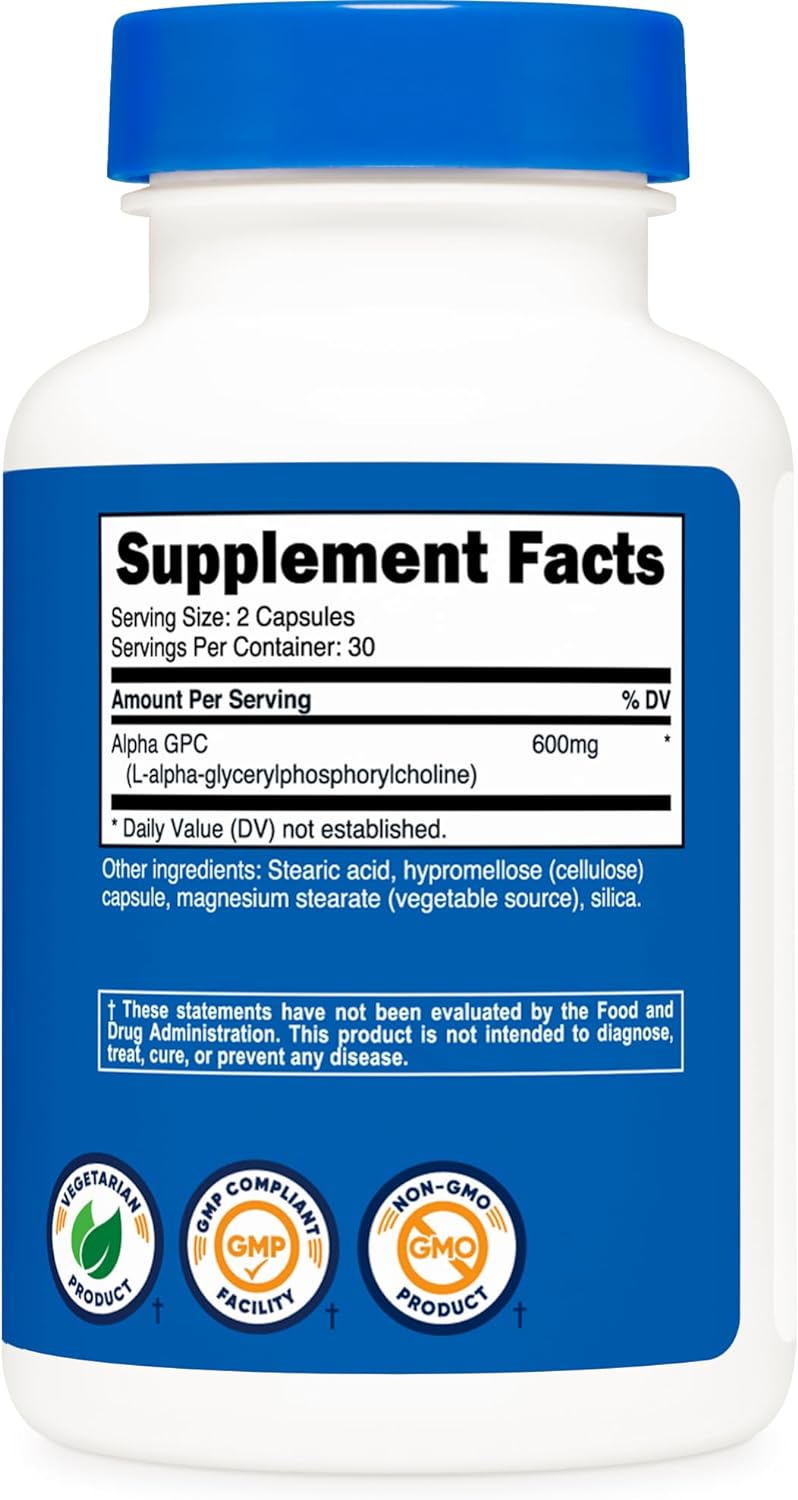 Alpha GPC 600mg Cápsulas Vegetarianas - Sin GMO y Sin Gluten