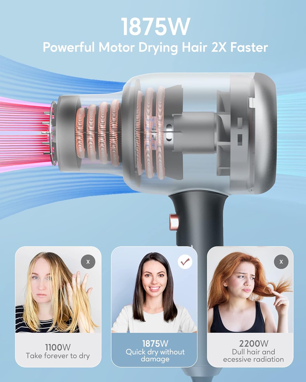 Secador de pelo iónico con difusor para cabello rizado