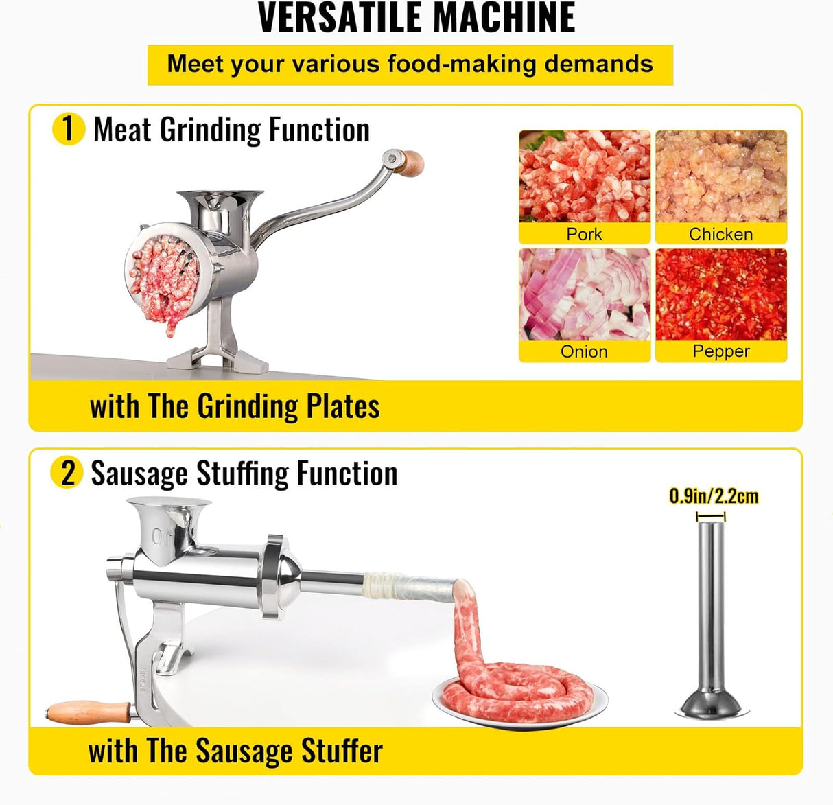 Molino de carne manual de acero inoxidable, 2 platos, 1.8" clamp