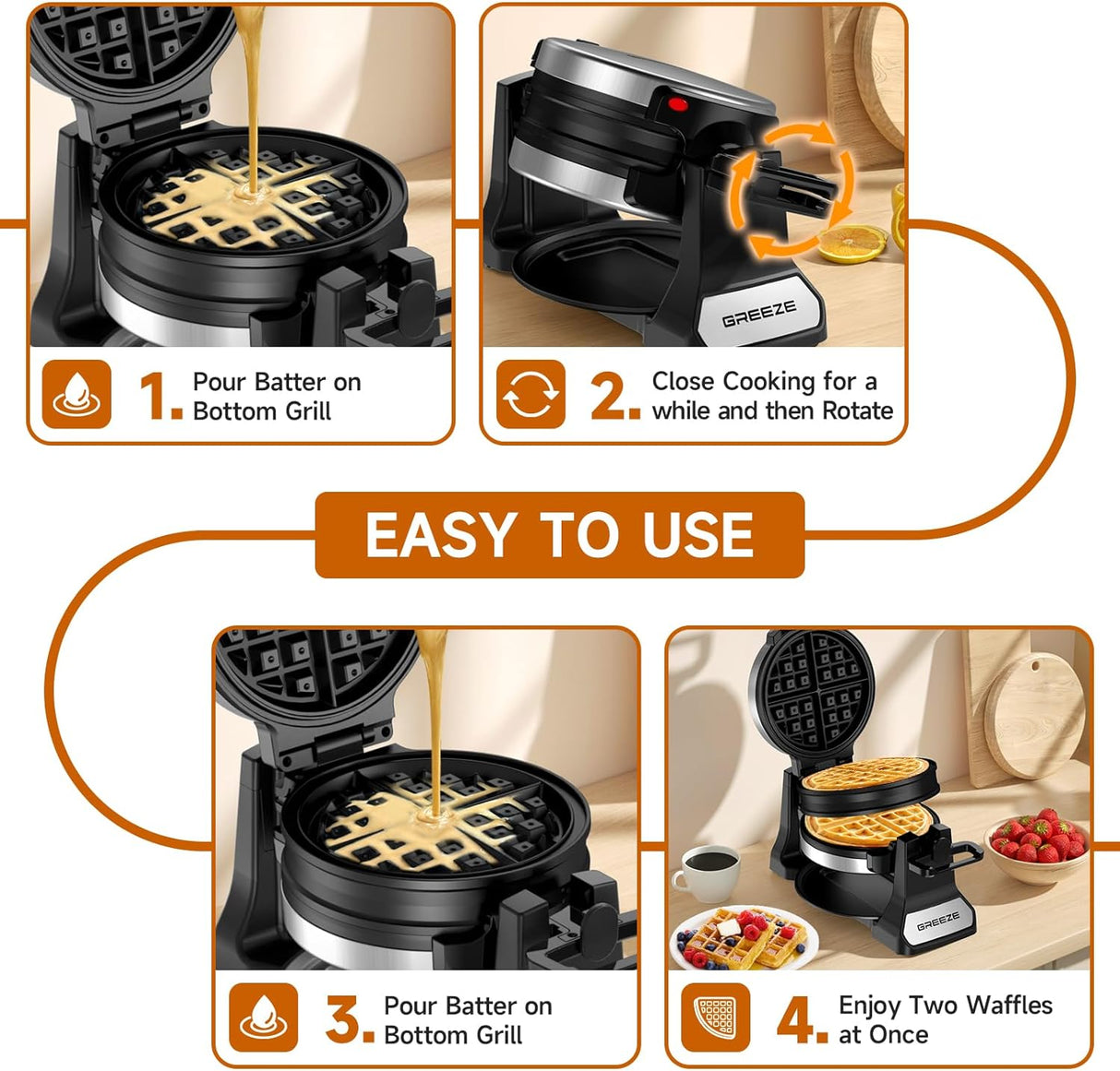 Máquina de Waffles Doble, 180° Rotativa, Placas Antiadherentes