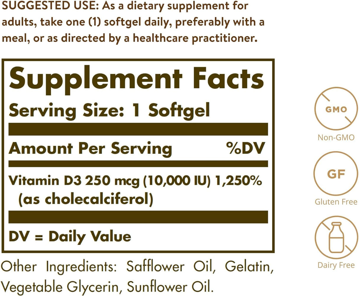 Suplemento Solgar Vitamina D3 colecalciferol 250 MCG 120 und