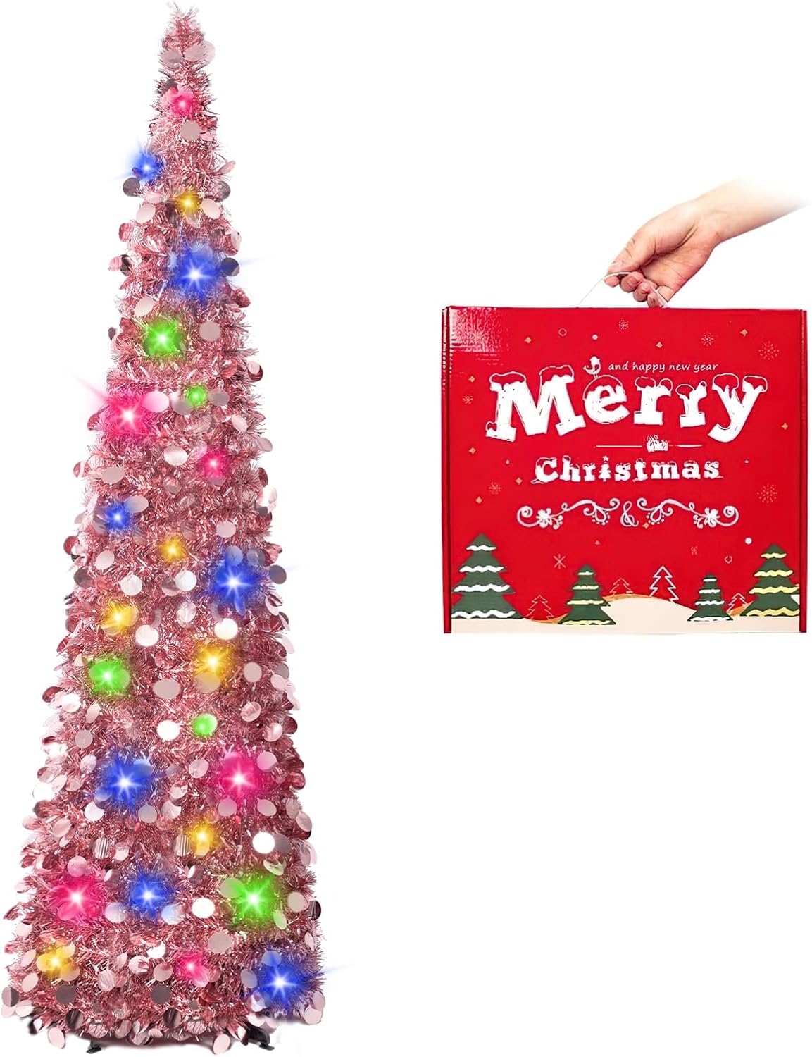 Árbol de Navidad 5ft MACTING con Luces, Fácil Montaje, Tinsel