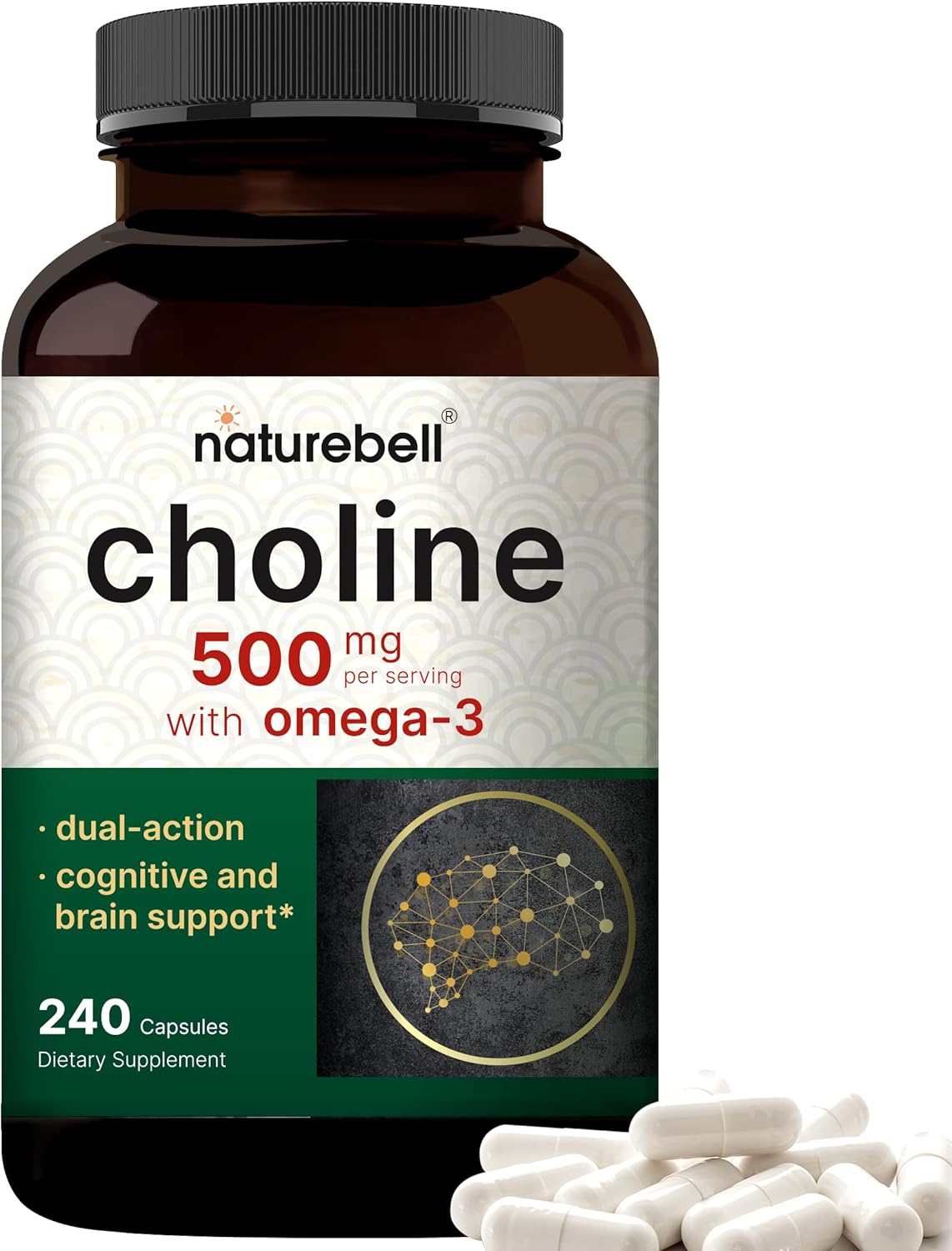 Suplemento de Colina 500mg con Omega-3, 240 cápsulas