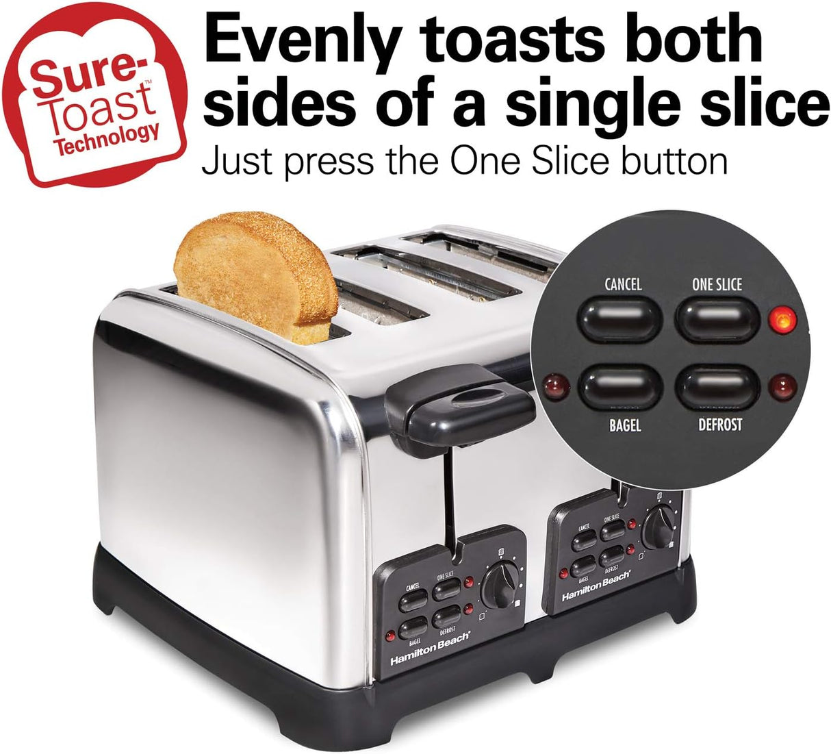 Hamilton Beach 24782 Tostadora retro con ranuras anchas, tecnología Sure-Toast, ajustes de bagel y descongelación, impulso automático para levantar panes más pequeños, 4 rebanadas, acero inoxidable