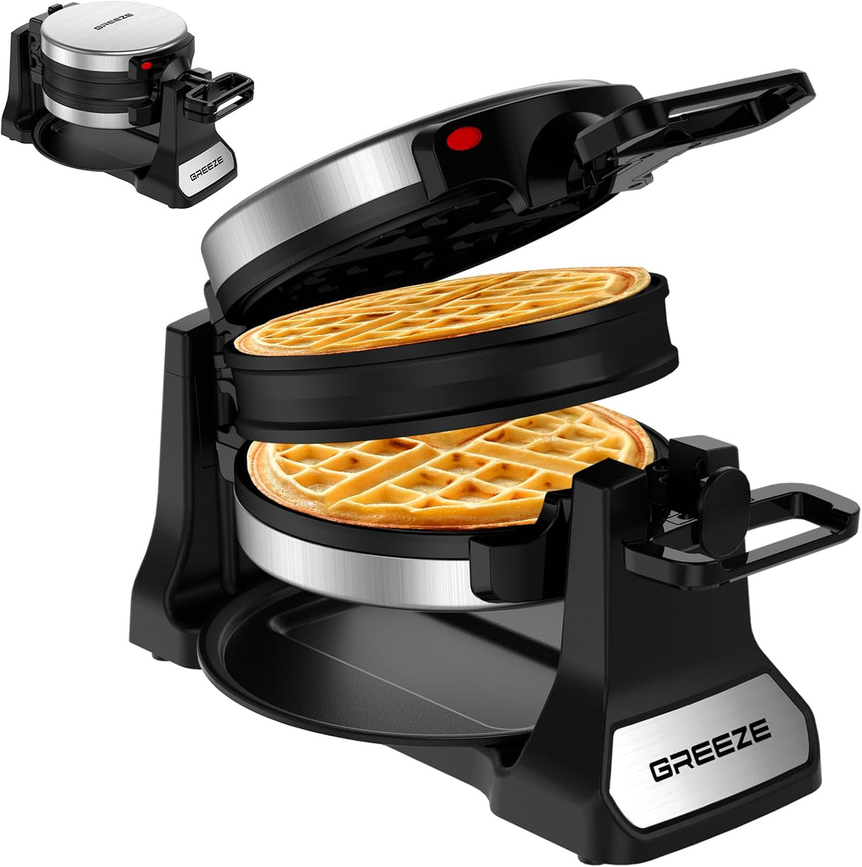Máquina de Waffles Doble, 180° Rotativa, Placas Antiadherentes
