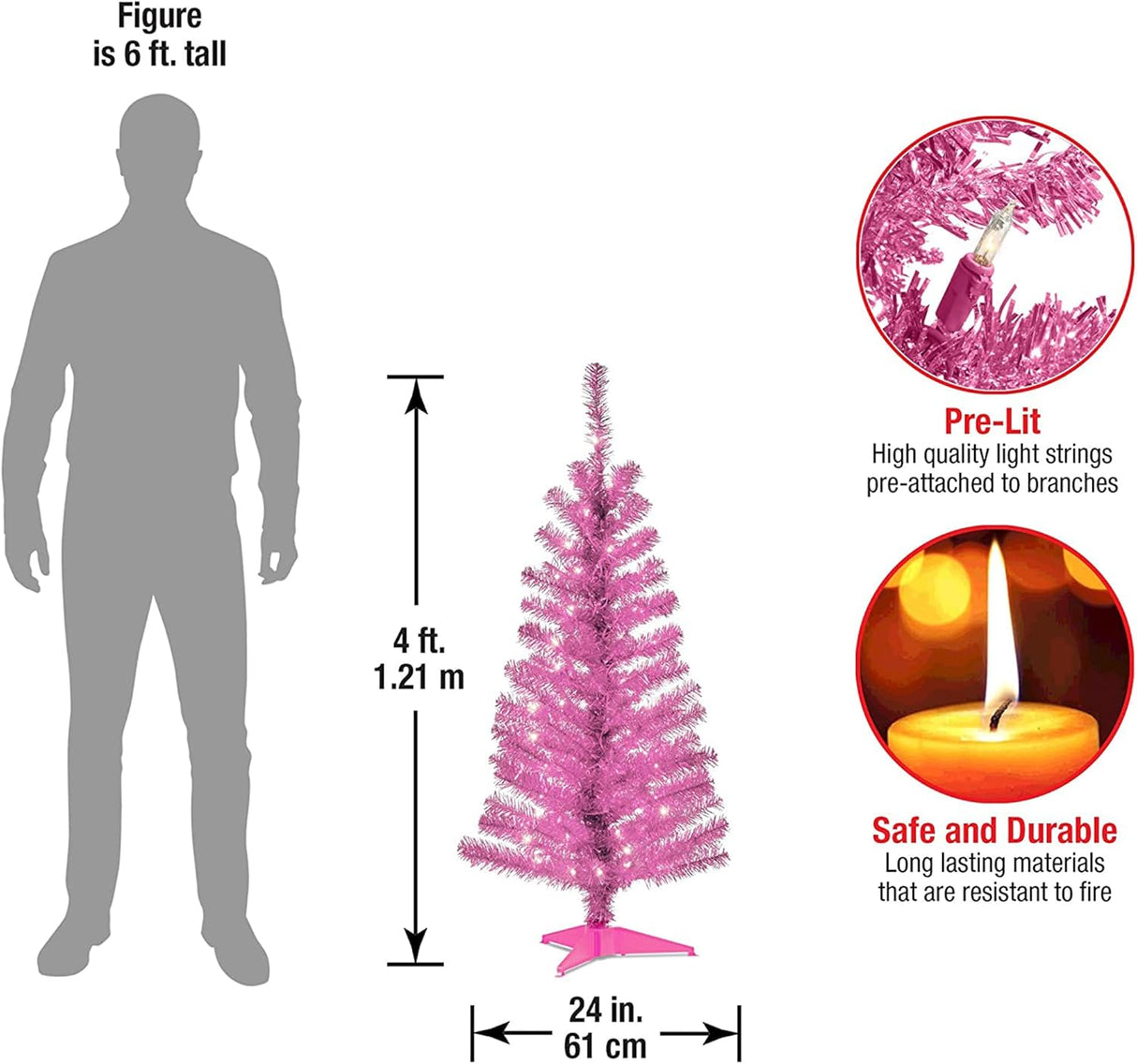 Árbol de Navidad Artificial Preiluminado, Tinsel Rosa, 4 pies