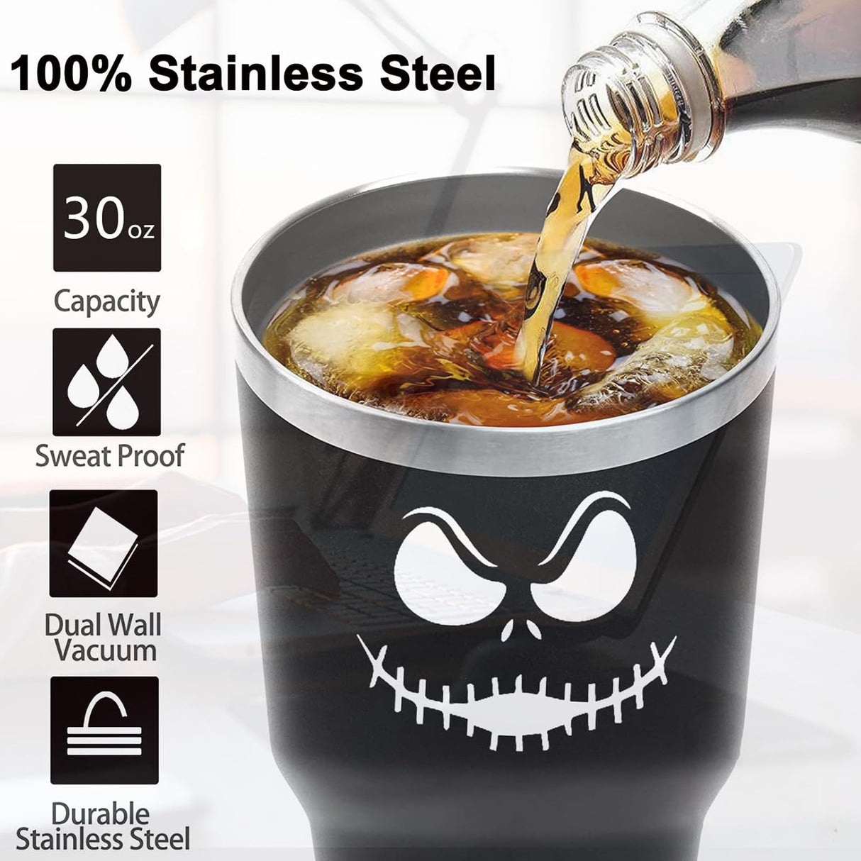 Taza de Acero Inoxidable Jack Skellington 30OZ con Asa y Popote