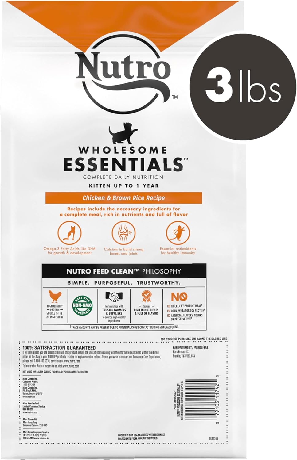NUTRO WHOLESOME ESSENTIALS - Alimento seco natural para gatos para el desarrollo temprano, receta de pollo y arroz integral criado en granja, bolsa de 3 libras