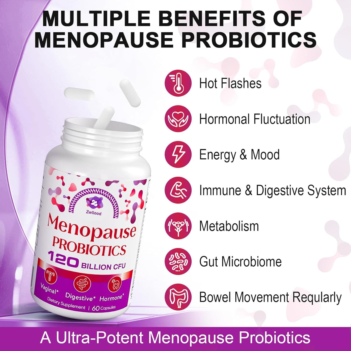 Suplemento de Menopausia, 120 Mil Millones CFU, Probióticos Naturales, 60 Cápsulas