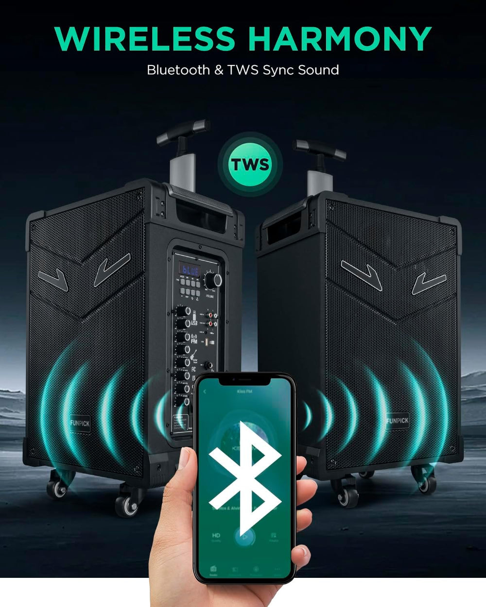 Sistema PA Trolley 3-Way, Micrófonos Inalámbricos, 10 Subwoofer