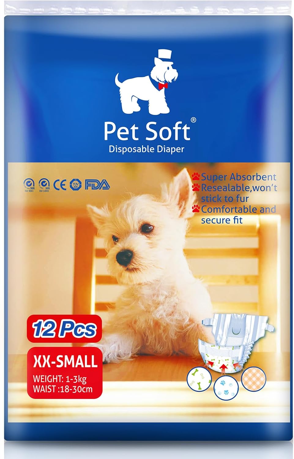 Pet Soft, pañales desechables para mascotas, perros, cachorros, 12 unidades, 72 pañales, XXS--XL, XXS