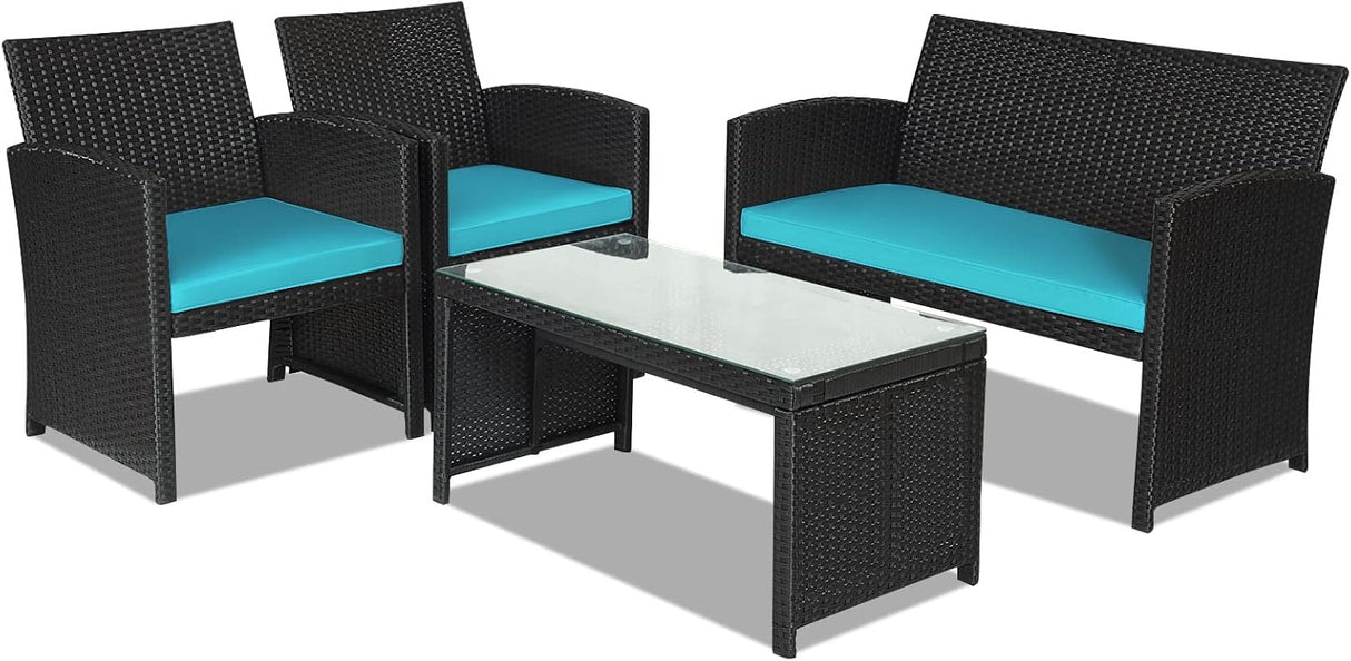 Goplus Juego de muebles de ratán para patio, 4 piezas, sofá y mesa de mimbre para exteriores con cojines suaves y mesa de centro de vidrio templado para balcón, jardín, patio trasero (turquesa)