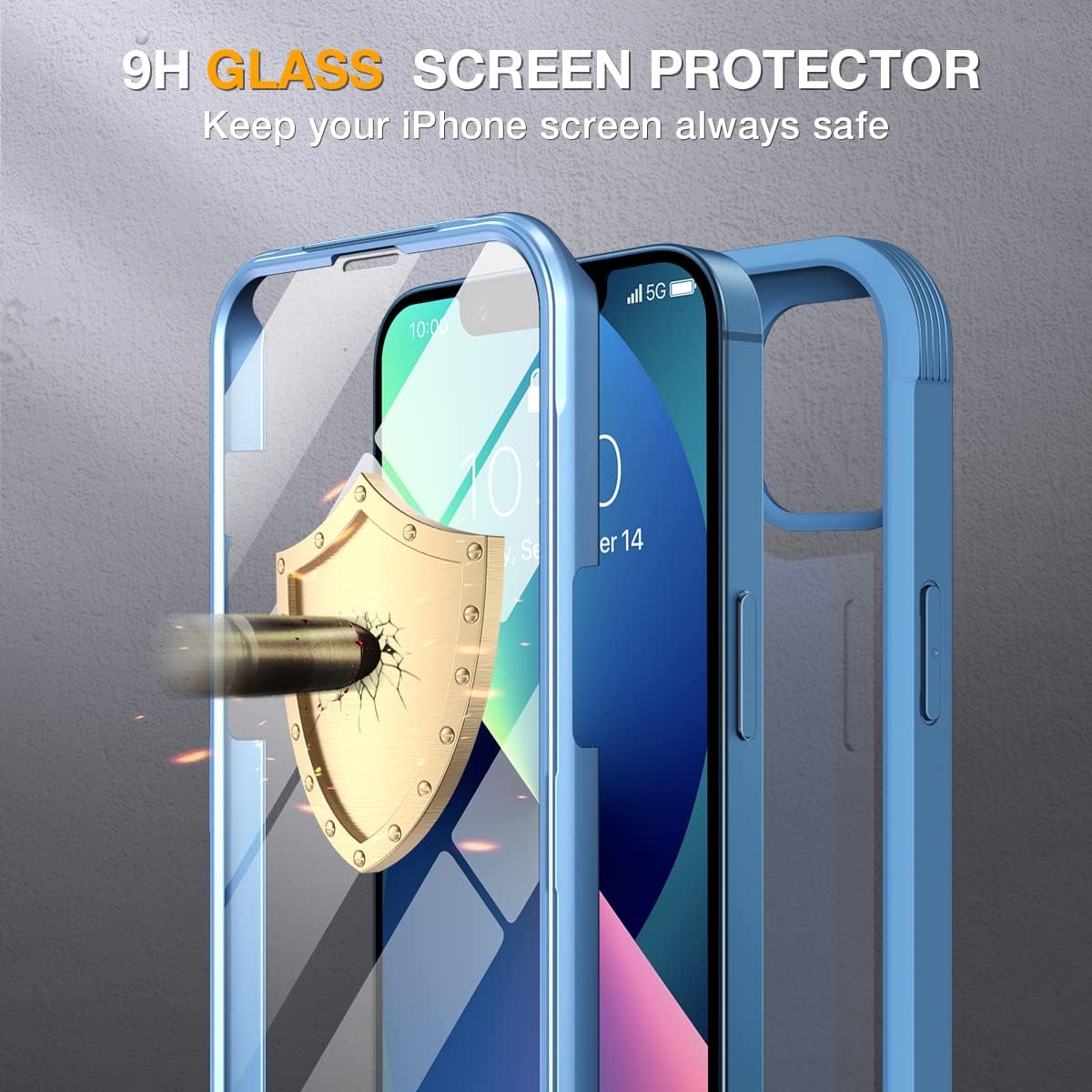 Miracase Funda compatible con iPhone 13 de 6.1 pulgadas, carcasa transparente de cuerpo completo con protector de pantalla de vidrio templado 9H integrado para iPhone 13 (Capri Blu)