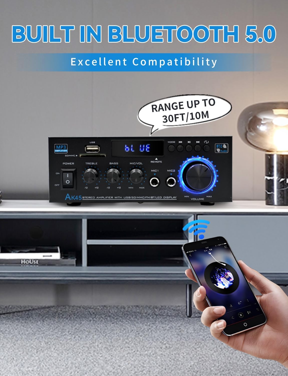 Amplificador de audio estéreo 400W, Bluetooth 5.0, AK45
