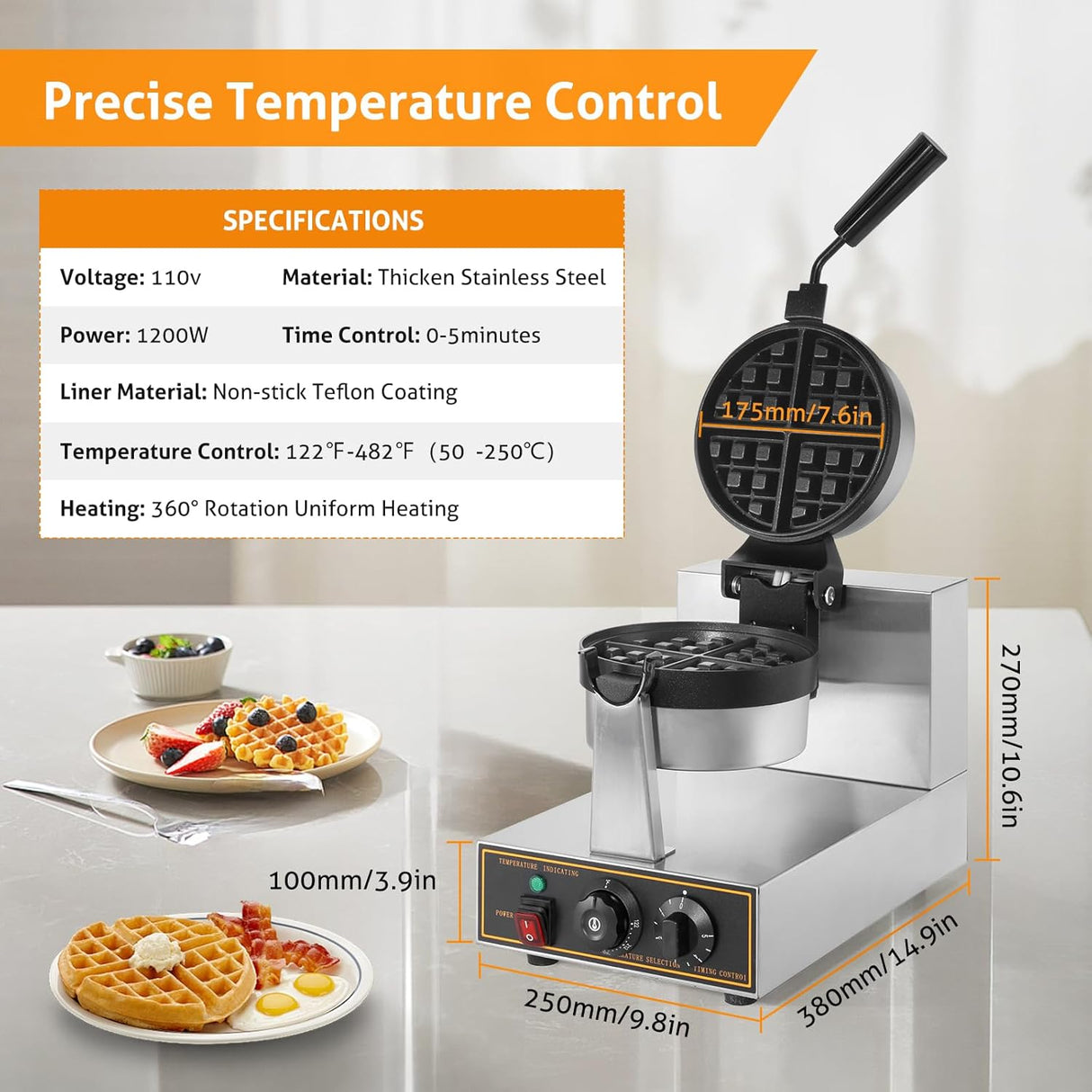 Waffle Maker WICHEMI 360° Flip, No Stick, Control Tiempo, 110V