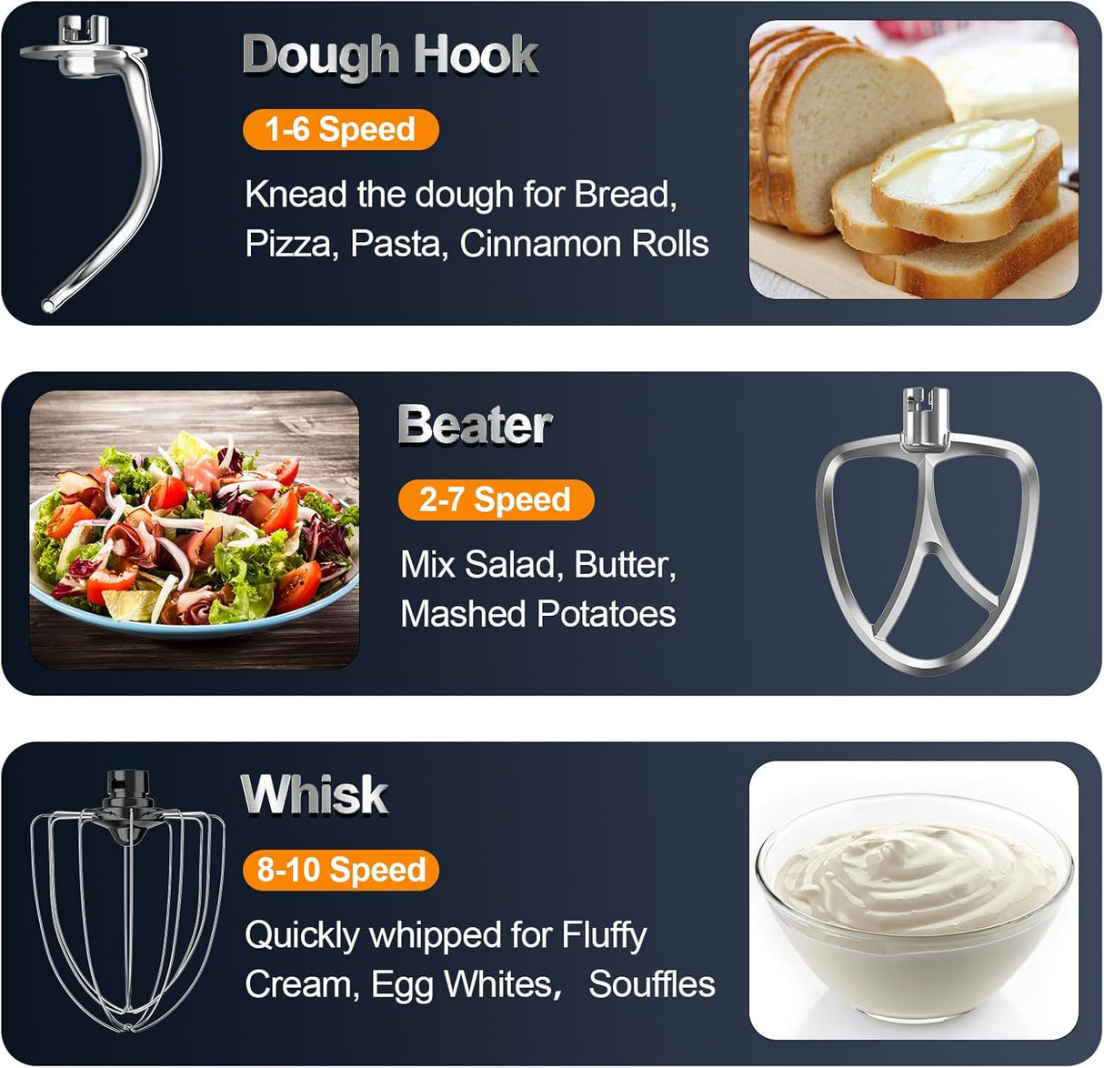 Batidora de Pie, 6.5QT, 10 Velocidades, 660W, Modelo 3 en 1