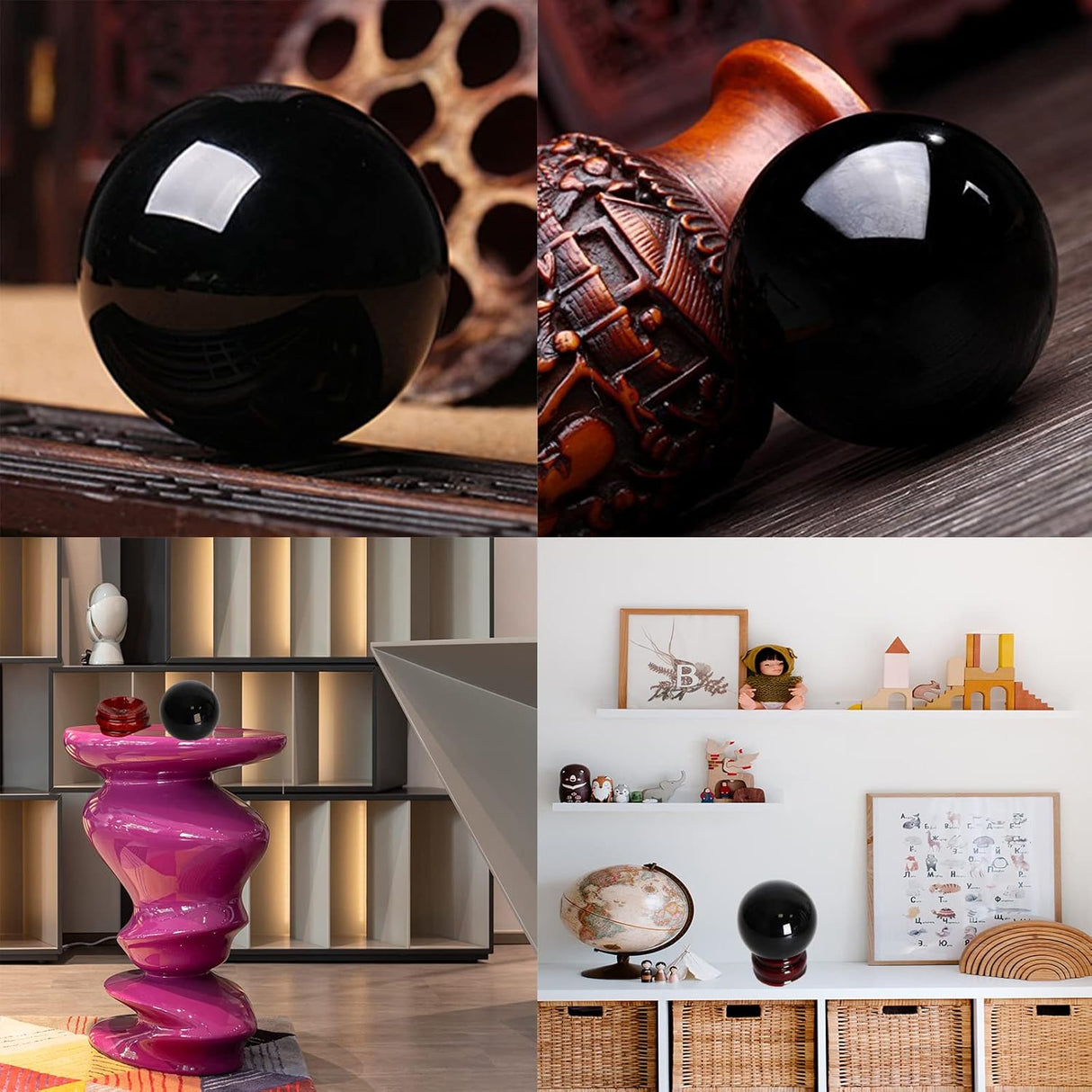 JIC Gem Bola esférica pequeña de obsidiana negra con soporte