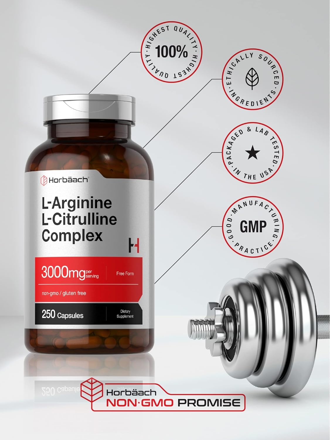 Complejo L-Arginina L-Citrulina Horbäach 3000mg 250 Cápsulas