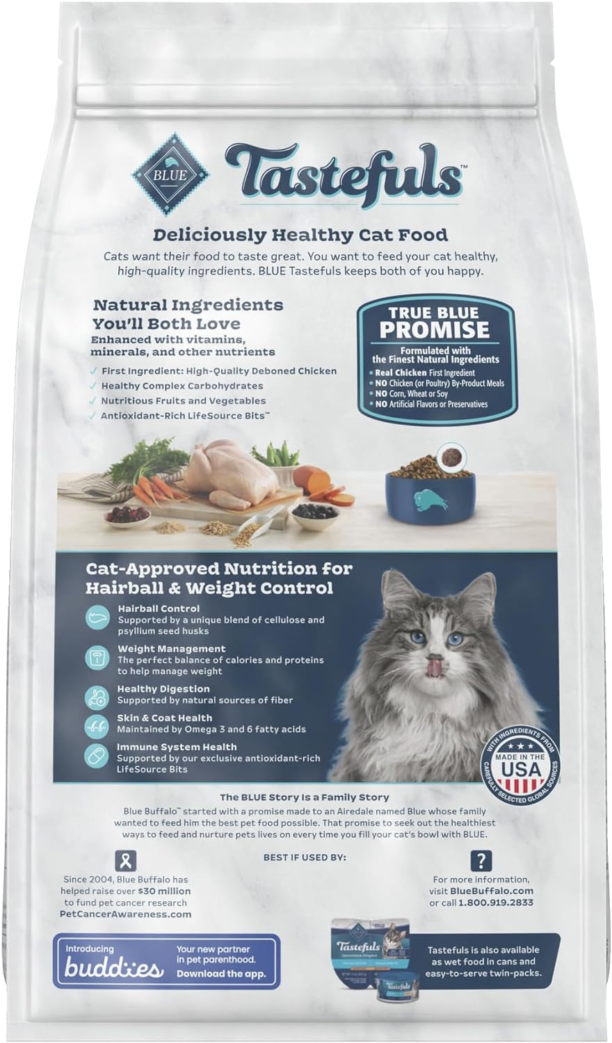 Blue Buffalo Tastefuls Weight & Hairball Control - Alimento seco natural para gatos adultos, pollo, bolsa de 7 libras