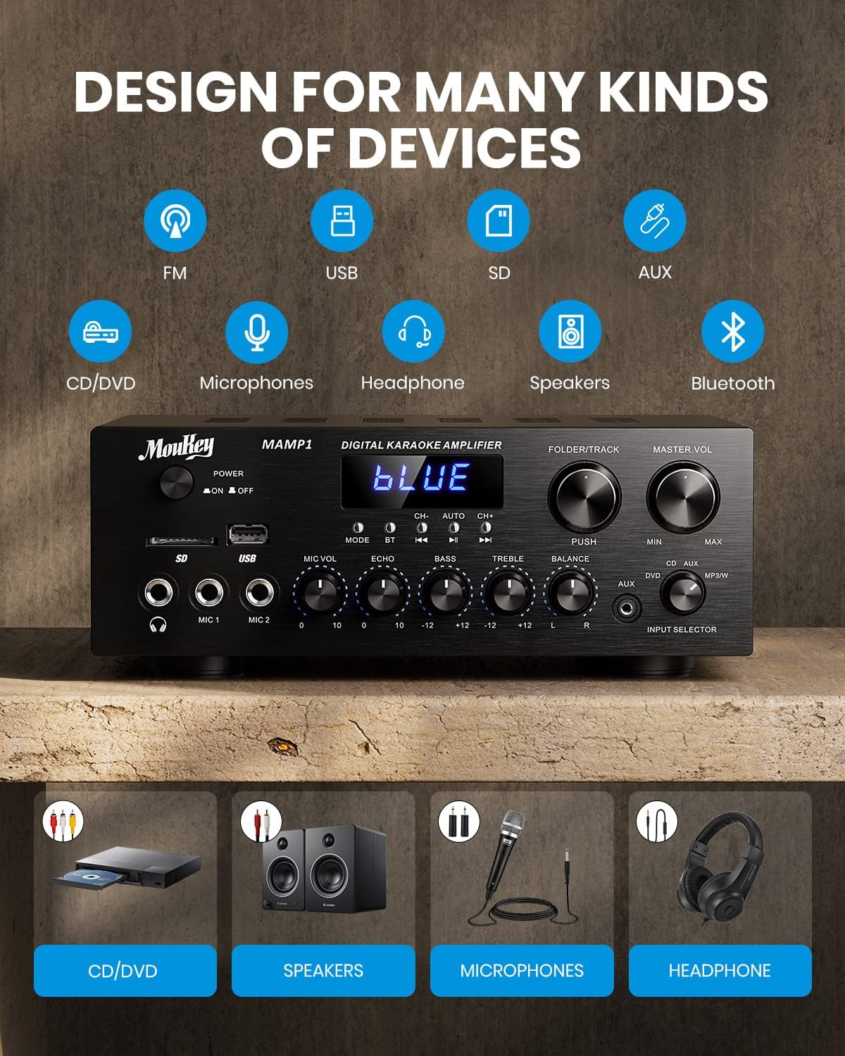 Amplificador Estéreo Bluetooth 5.0 400W con USB y MIC - MAMP1