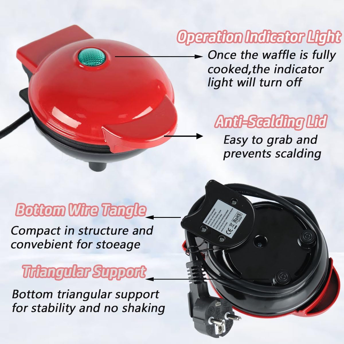 Mini Waffle Maker, diseño corazón, fácil de limpiar, 4 pulgadas