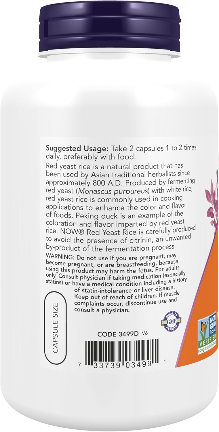 NOW Suplementos, Arroz de Levadura Roja 600 mg, Hecho con Arroz Orgánico de Levadura Roja, 240 Cápsulas Vegetales