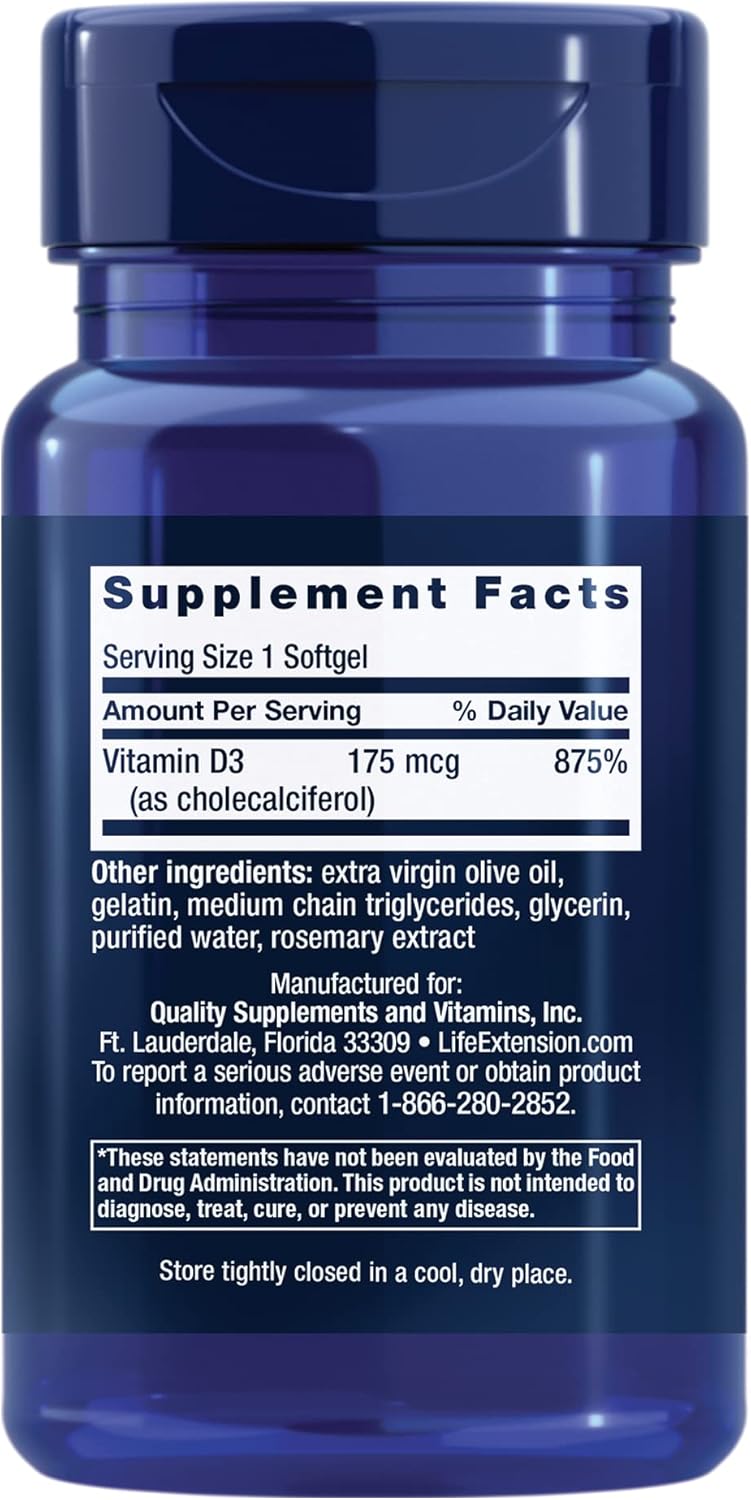 Suplemento de Vitamina D3 175 mcg Life Extension, 60 softgels