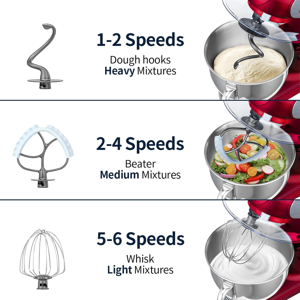 Batidora de pie 6 QT 600W, 6+P velocidades, acero inoxidable