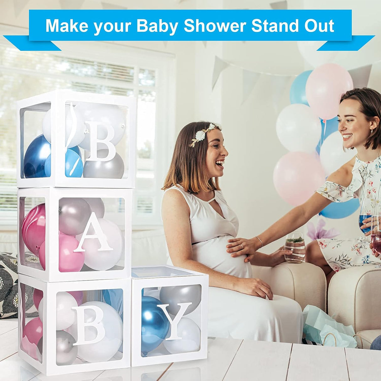 Keencopper Cajas de bebé con 30 letras (BABY+A-Z) para baby shower, decoraciones de baby shower para niño, cajas transparentes para globos transparentes para fiesta de primer cumpleaños, despedida de soltera, revelación de género, reutilizables