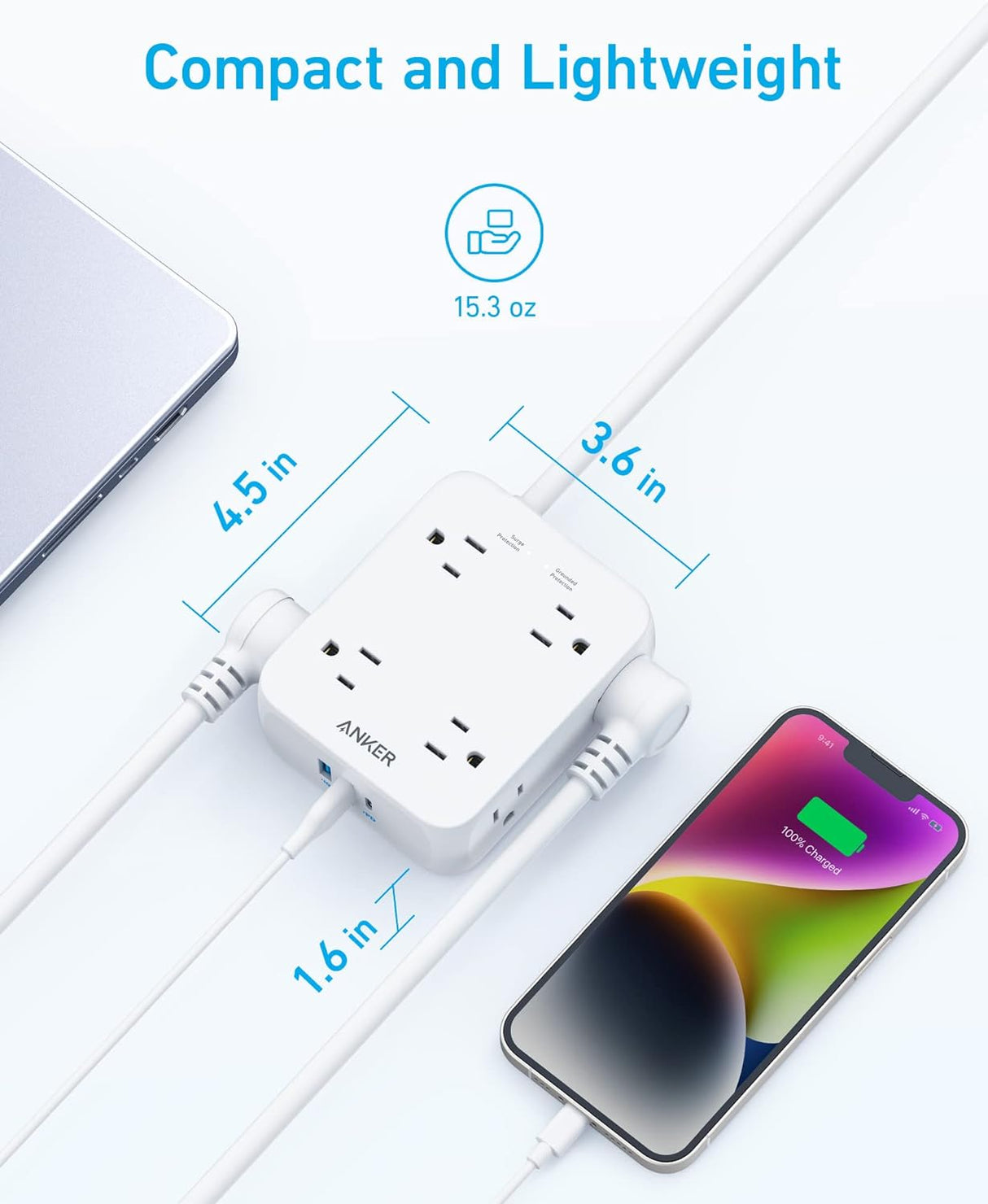 Anker Regleta de alimentación con puertos USB, 5 pies, protector