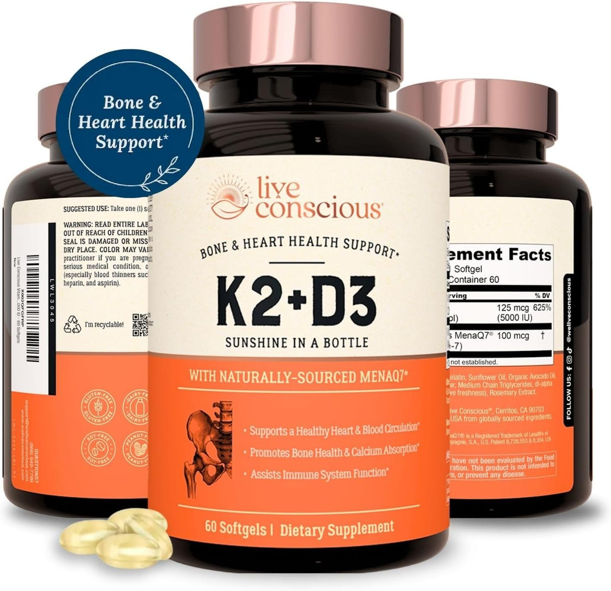 Suplemento de Vitamina K2 MK7 con D3 | Live Conscious 60 Softgels