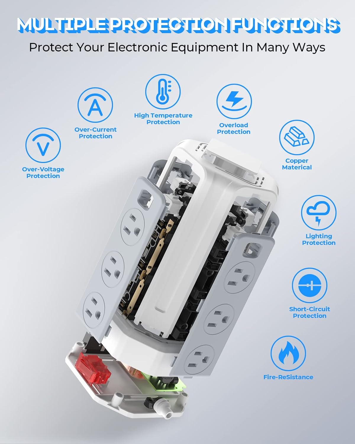 Regleta de protección contra sobretensiones con 12 enchufes de CA y 4 puertos USB, con cable de alimentación de 9.8 pies, apto para casa u oficina