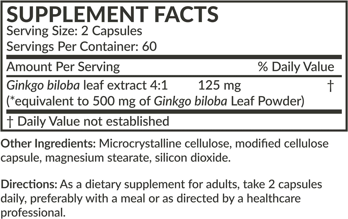 Ginkgo Biloba 500mg Extra Strength - Sin OMG, Cápsulas Vegetarianas