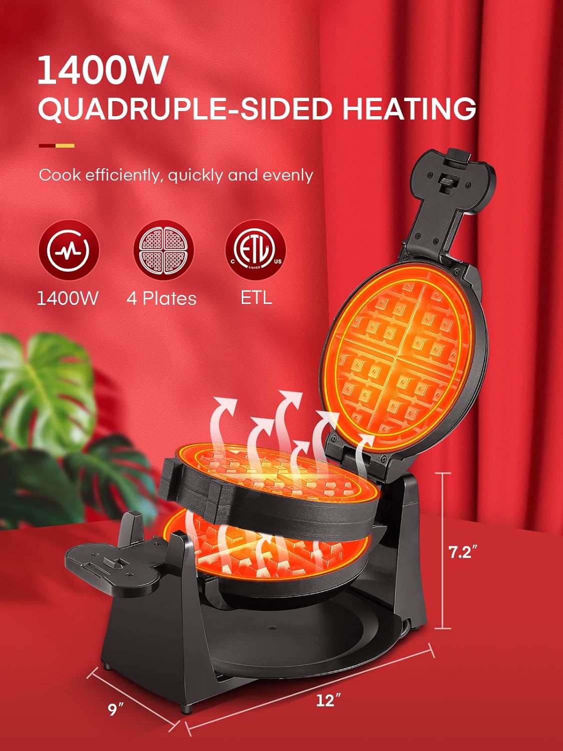 Máquina de Waffles, 1400W, Placas Antiadherentes, Modelo 180°