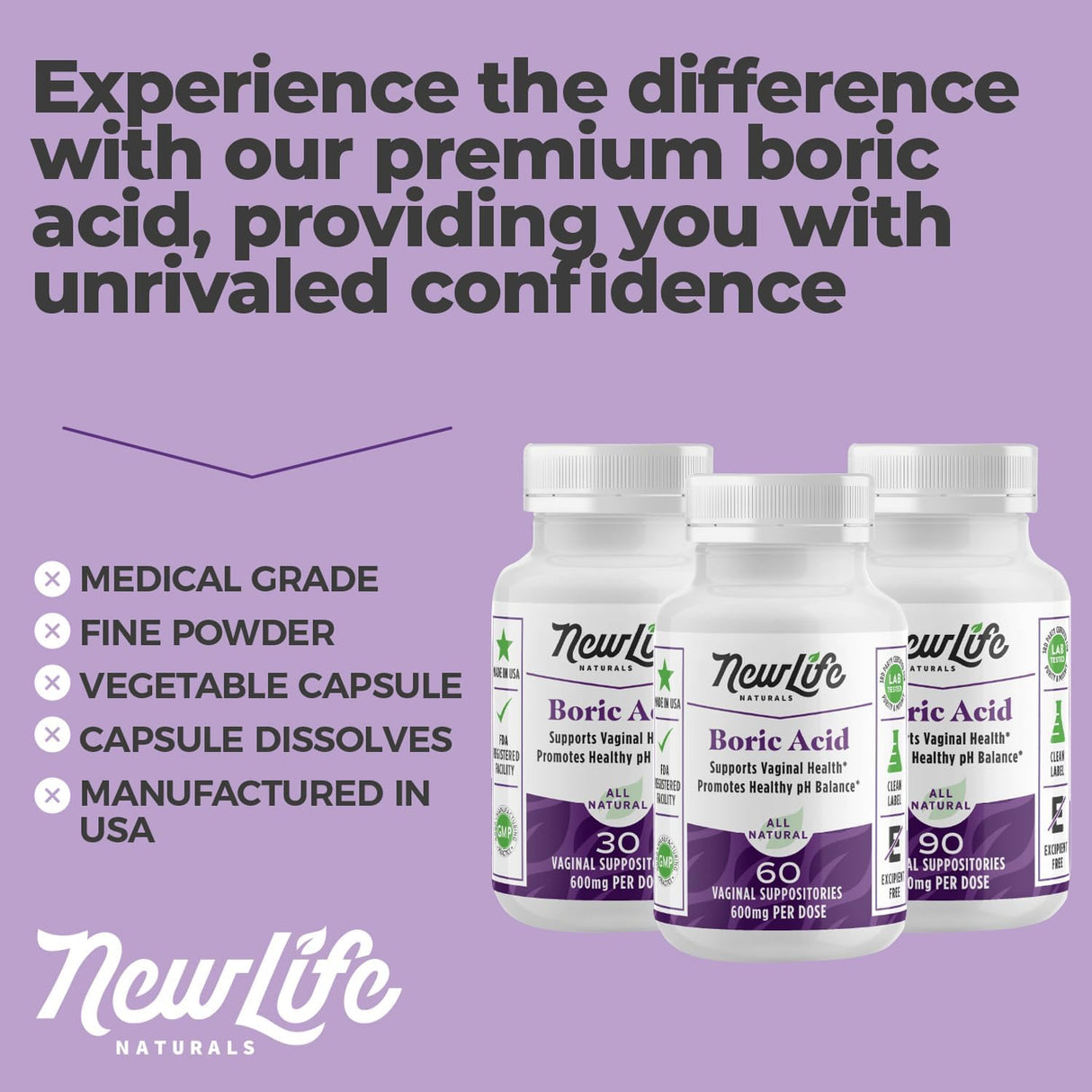 NewLife Naturals Supositorios de ácido bórico para mujeres